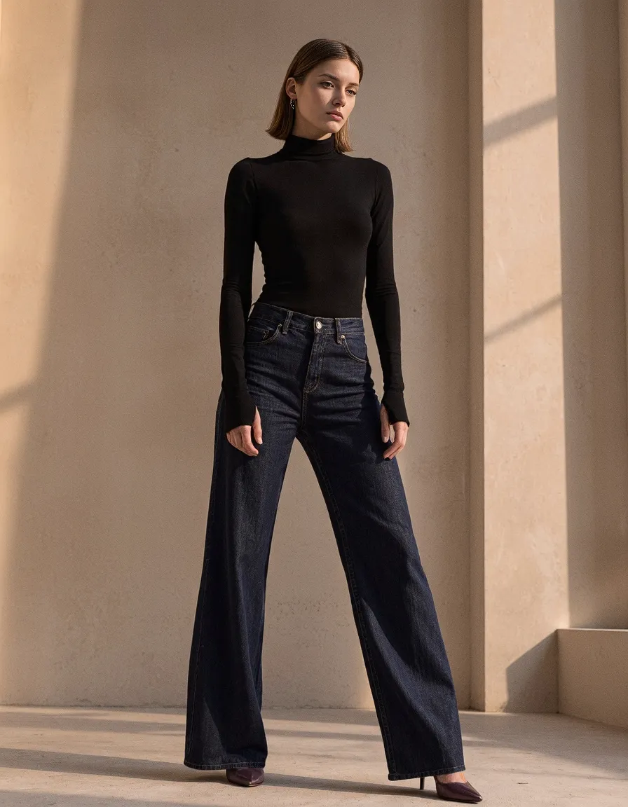 Fashion portrait featuring a black turtleneck and wide-leg jeans against a neutral wall with soft shadow play creating elegant minimalist aesthetic