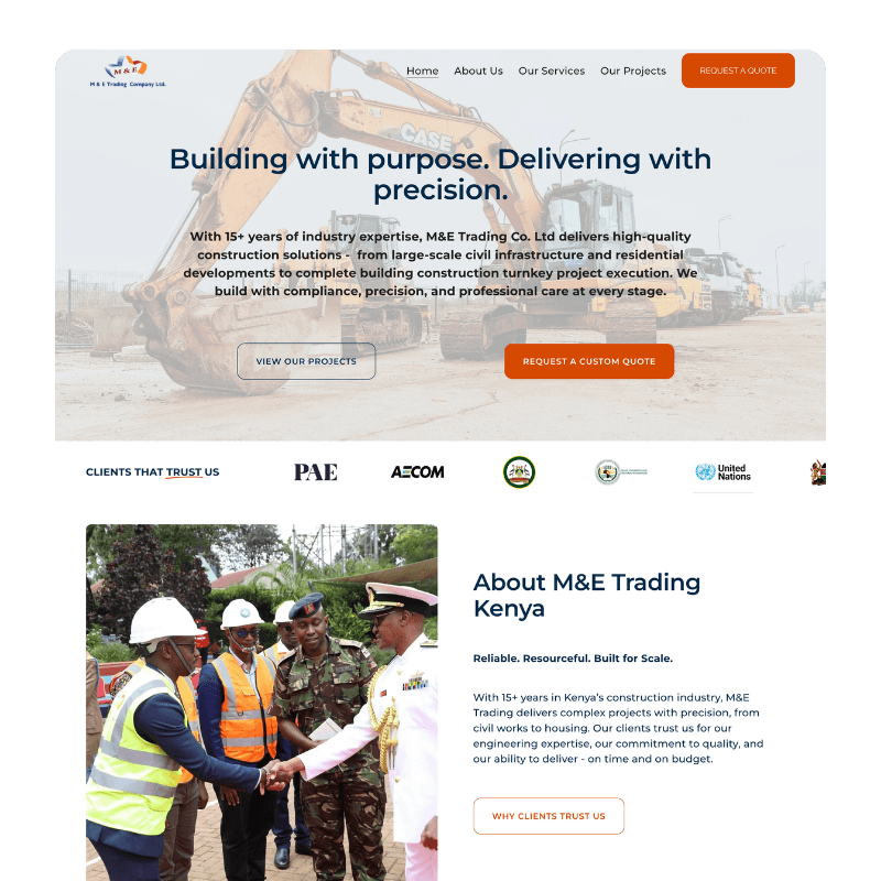 Website homepage featuring construction imagery and professionals discussing a project.