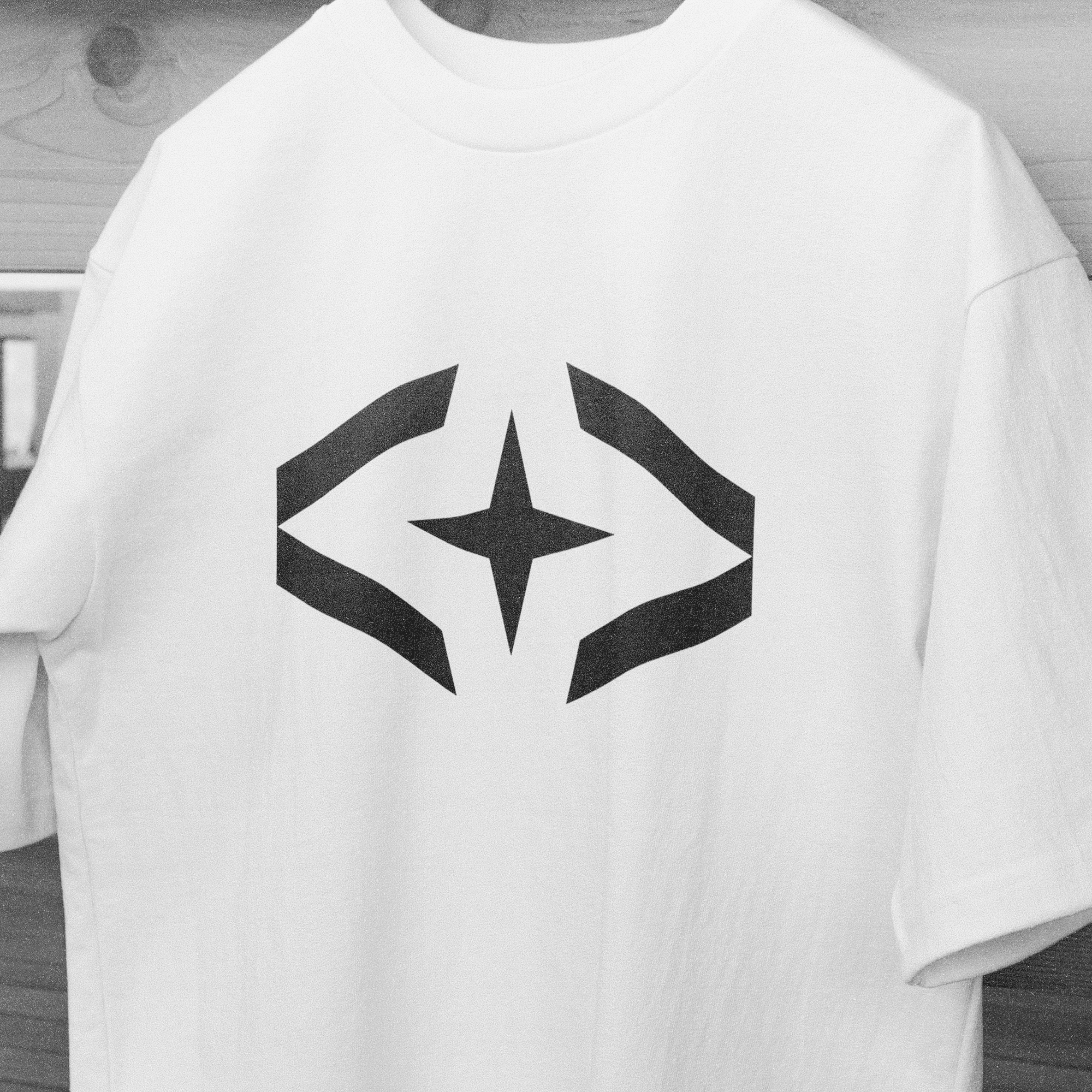 A white t-shirt with black logo