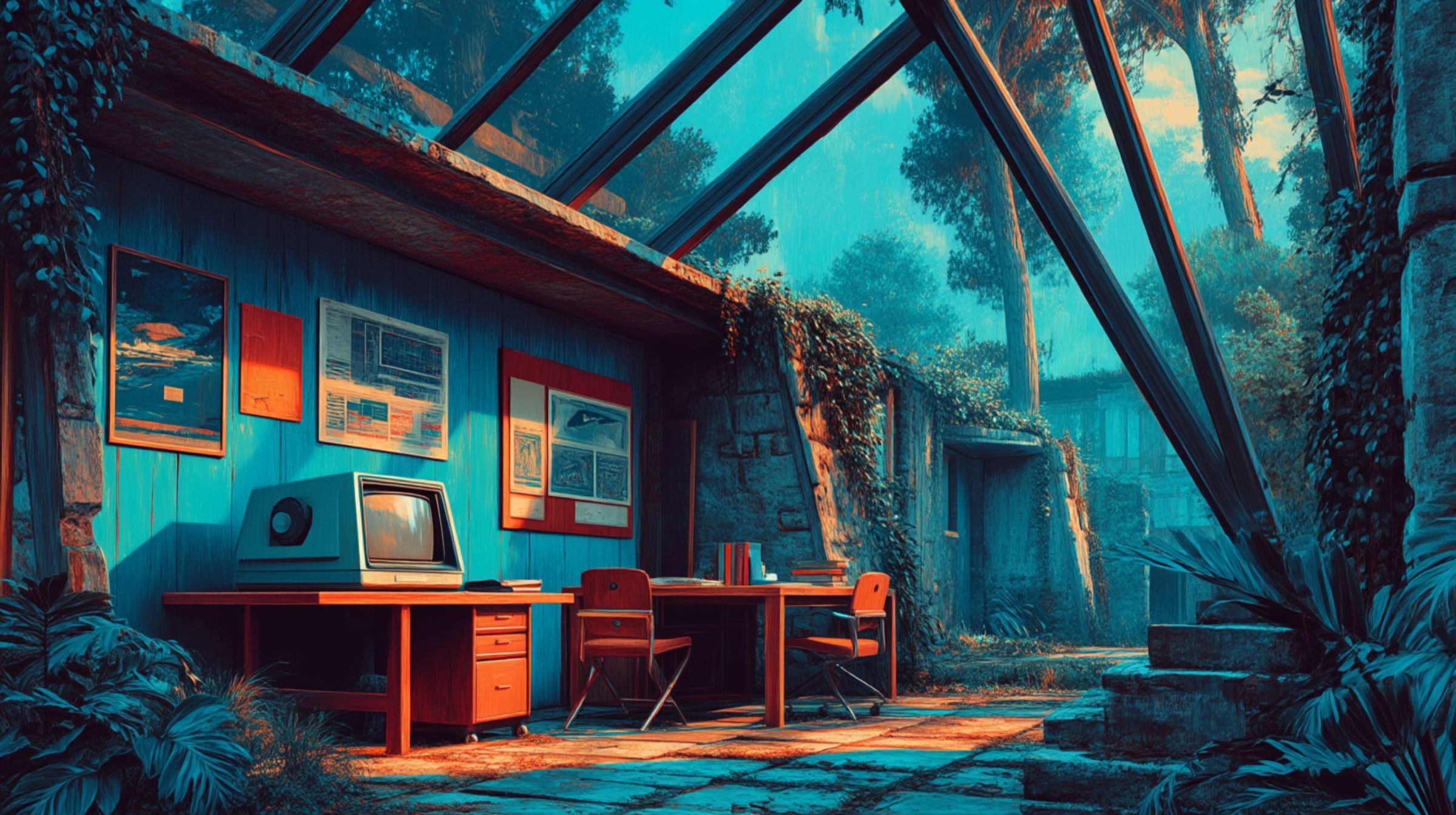 A modern studio rises within overgrown ruins, designers re-architecting belief into structure as sunlight returns through the vines.