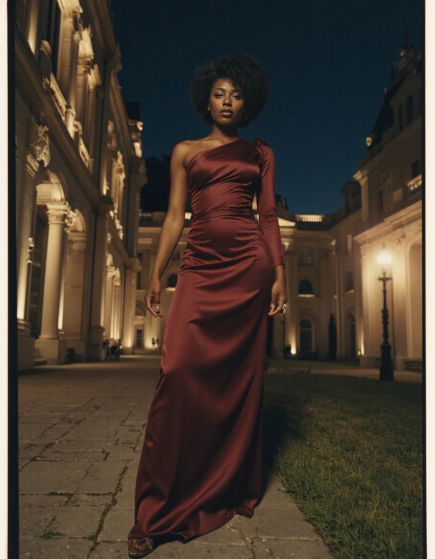Elegant silhouette in flowing burgundy one-shoulder gown against illuminated historic architecture at night, creating dramatic editorial ambiance