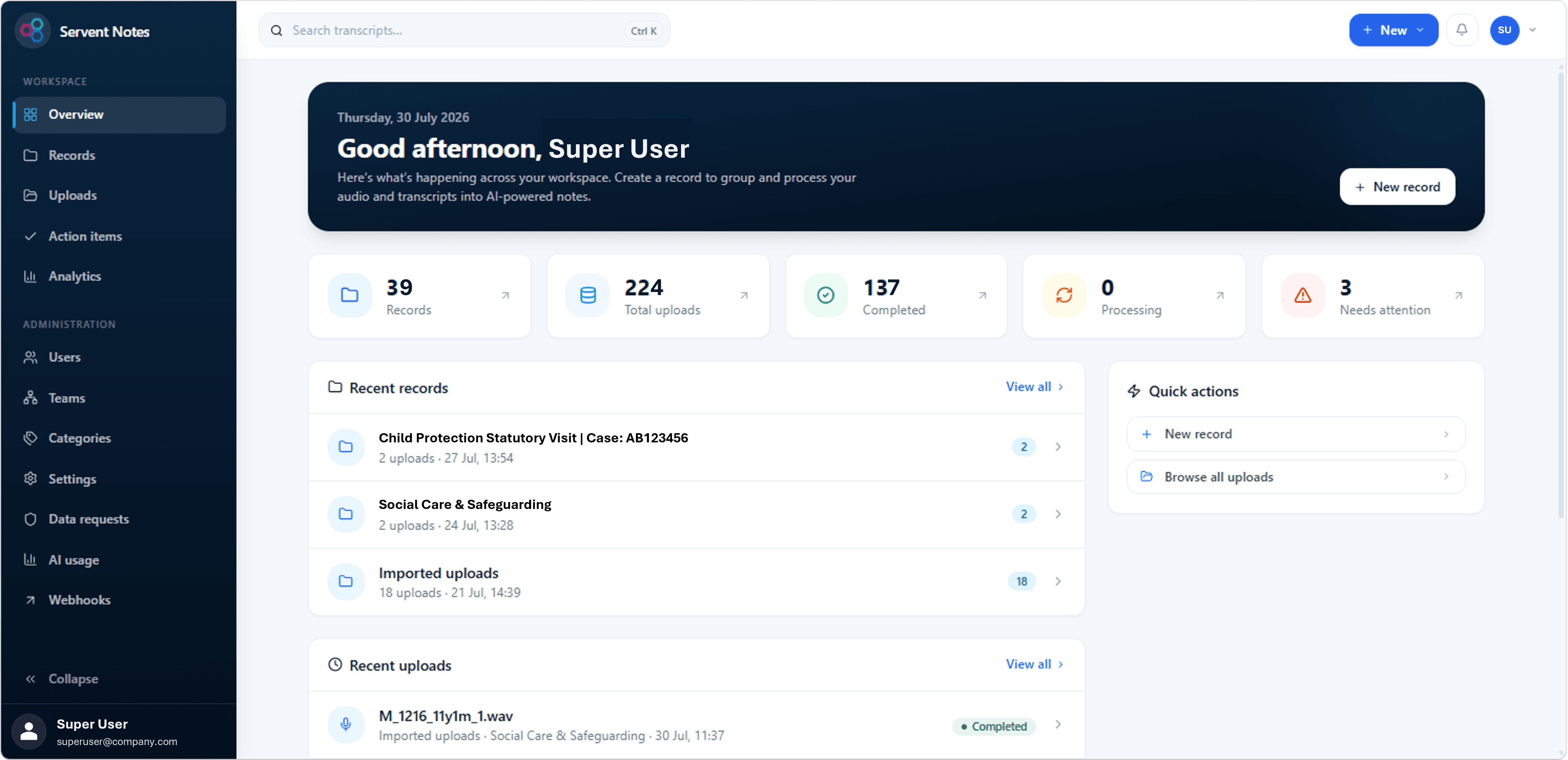 Servent Notes console showing structured case-note workflow