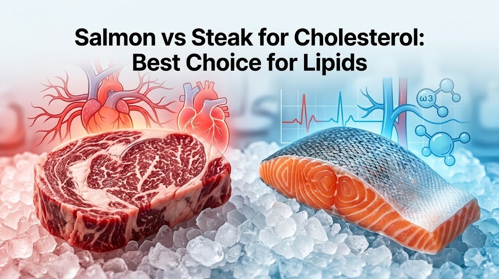 A comparison illustration for a premium health magazine cover, showing a raw ribeye steak and a salmon fillet on a bed of ice. The steak side features warm red tones and a large red heart with arterial graphics. The salmon side features cool blue tones and a smaller heart with blue medical arterial graphs and a floating omega-3 molecule, all illustrating heart health and cholesterol. The overlay title reads "Salmon vs Steak for Cholesterol: Best Choice for Lipids". The composition includes generous negative space.