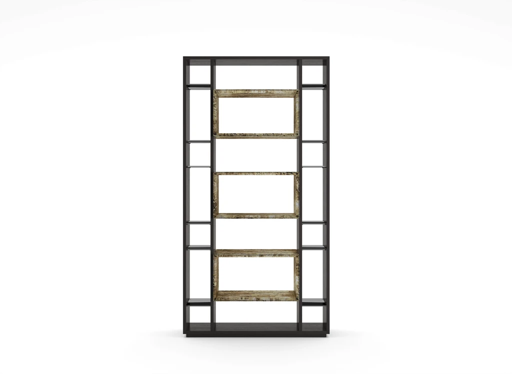 frontal view of a wooden bookcase with shelves in metal finishing