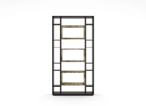 frontal view of a wooden bookcase with shelves in metal finishing