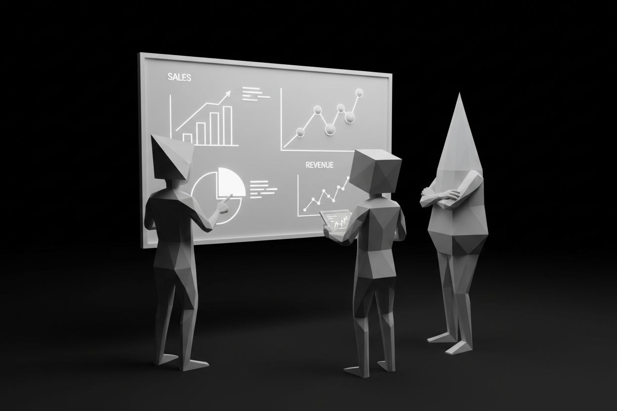 Equipo comparando métricas de ventas e ingresos en una pizarra