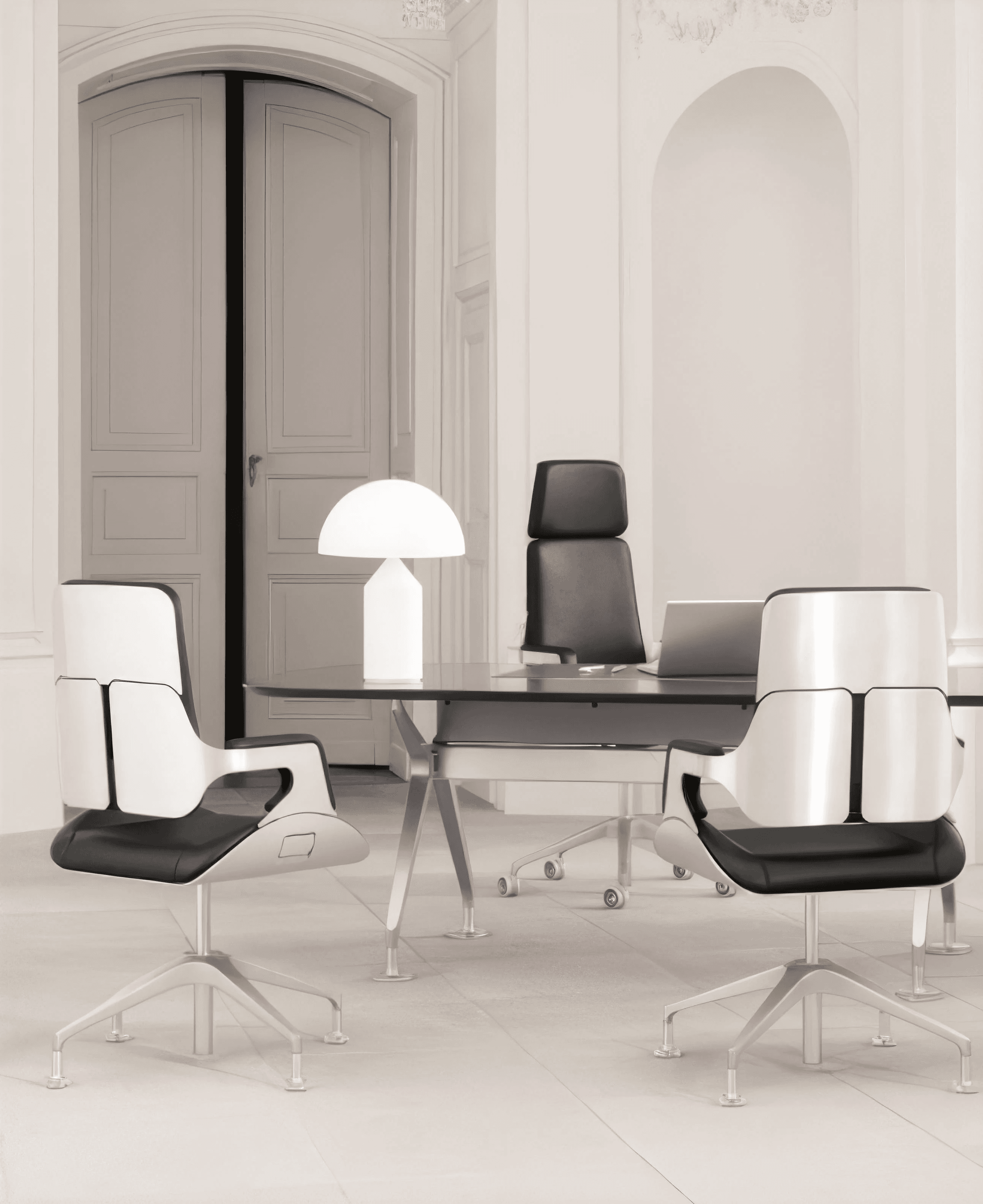 MW Interior  - Exklusives Chefbüro mit schwarzem Designschreibtisch, hochwertigem Lederchefsessel und weißen Besucherstühlen mit Aluminiumbasis in klassischem Ambiente" Beschreibung: Repräsentativer Direktionsarbeitsplatz mit schwarzem Hochglanzschreibtisch, ergonomischem Lederchefsessel und skulptural gestalteten Besucherstühlen in Weiß-Schwarz – reduziert, kraftvoll und auf höchstem gestalterischen Niveau.