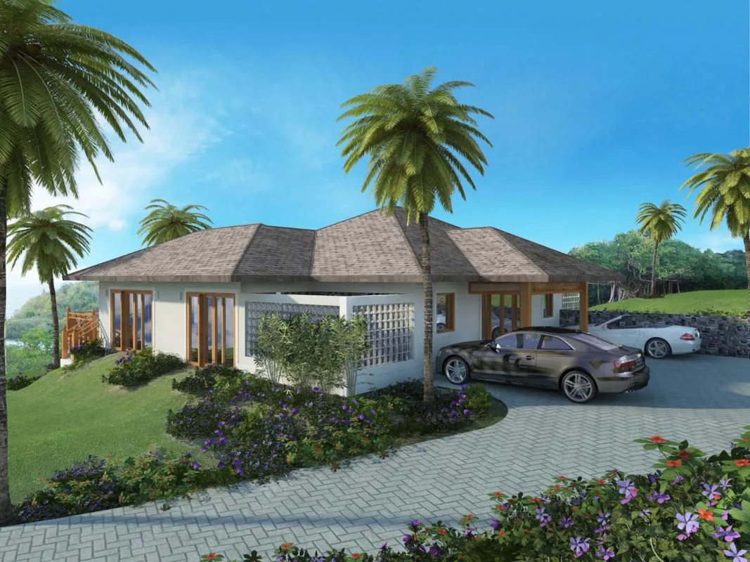 3D rendering of single-story Caribbean villa with pitched roof and tropical landscaping in the Grenadines
