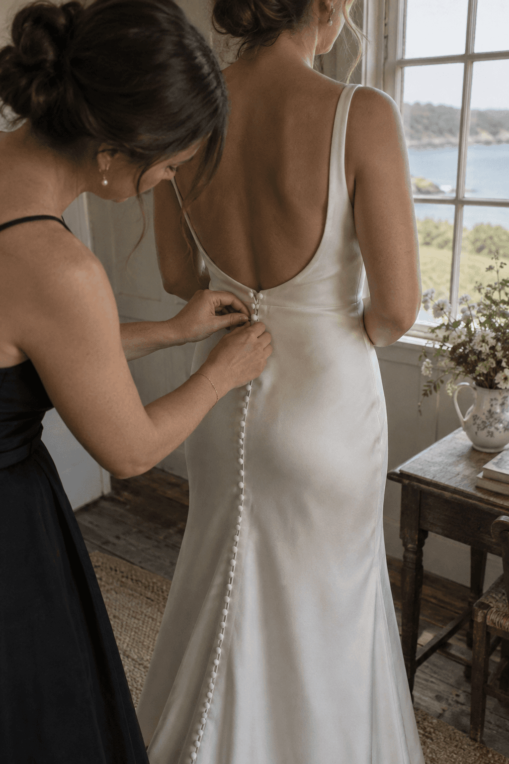 Wedding dress buttons being fastened