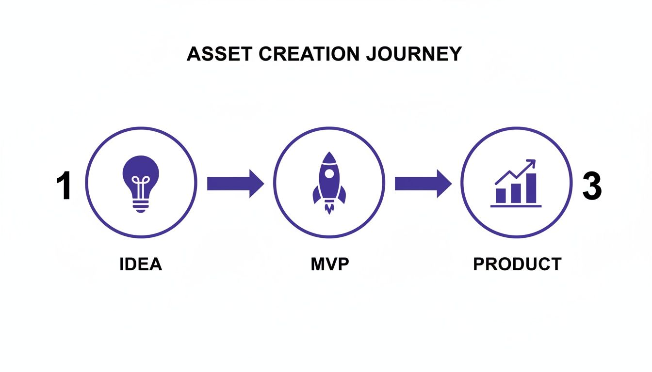 Infographic illustrating the asset creation journey: Idea (lightbulb), MVP (rocket), and Product (growing chart).