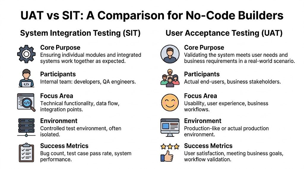 A comparison chart outlining the key differences between System Integration Testing and User Acceptance Testing for developers.