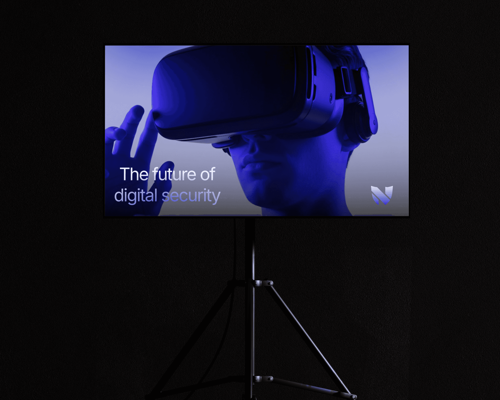 A poster design for the brand Nexora Systems featuring a photo of a man wearing VR Goggles and the words "The future of digital security" printed in the bottom left corner.