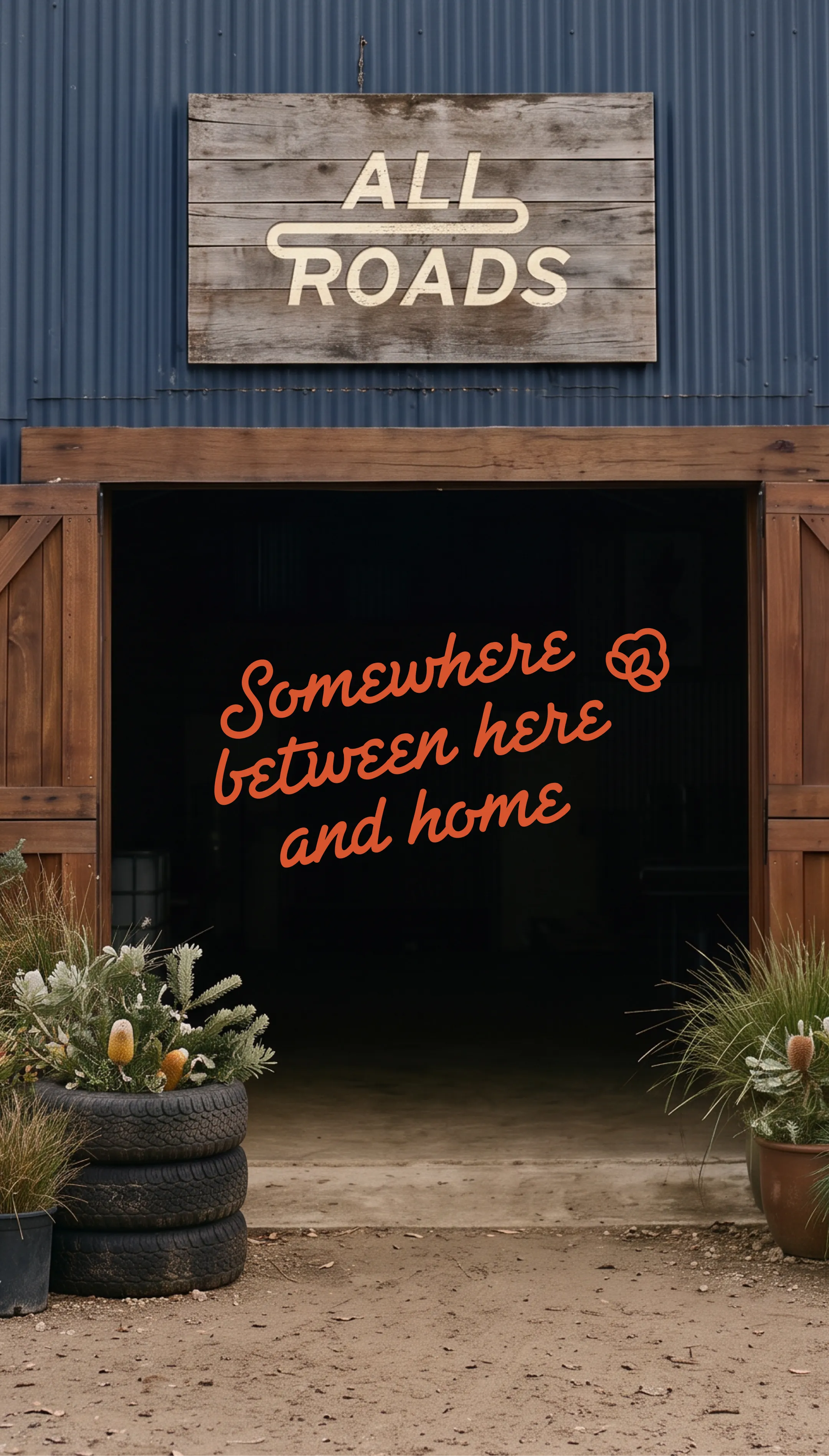All Roads Brewing Co. brand photography showing the brewery's blue corrugated icon entrance