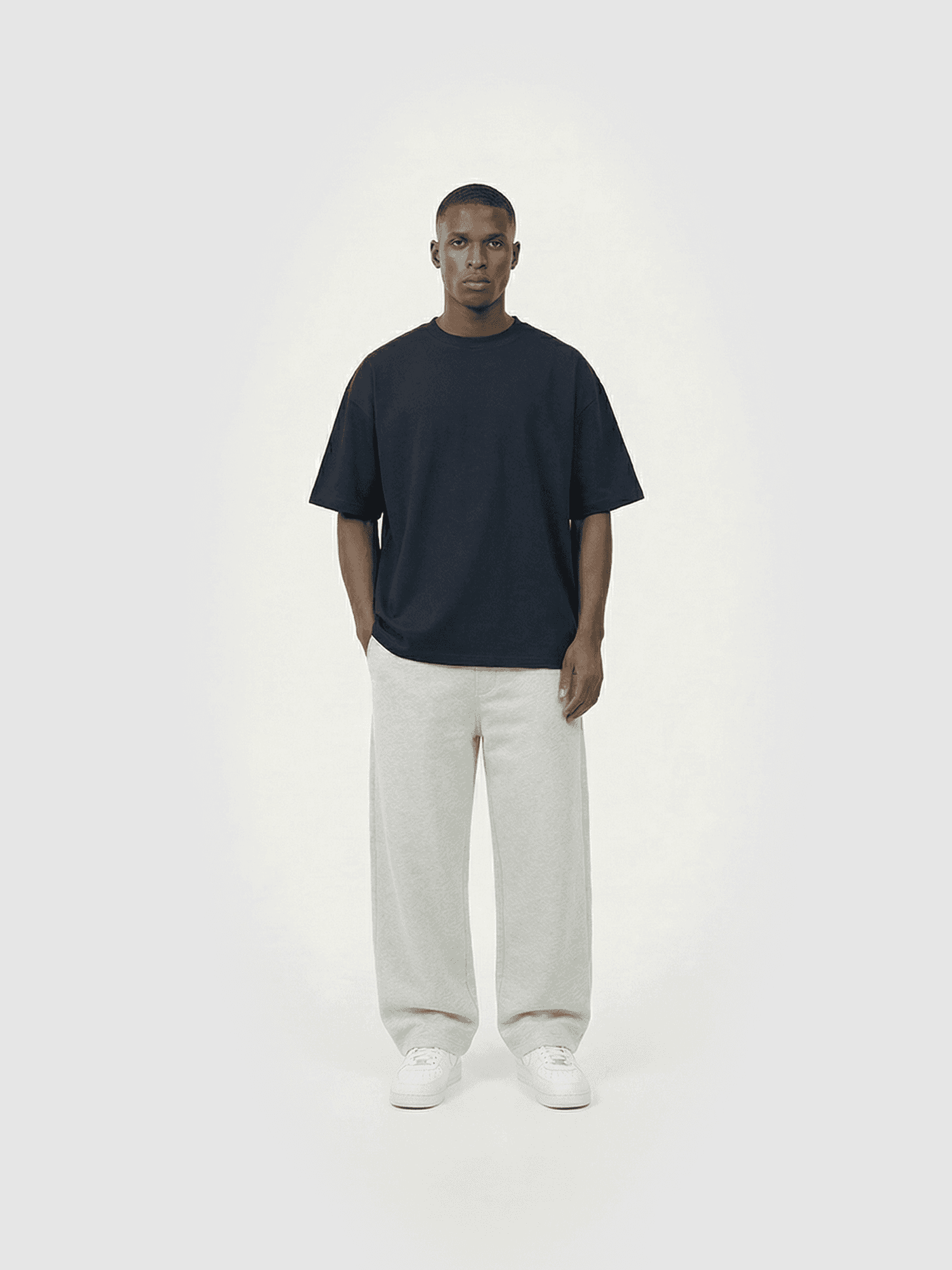 Heavyweight classic crew T-shirt in navy — front view on model.