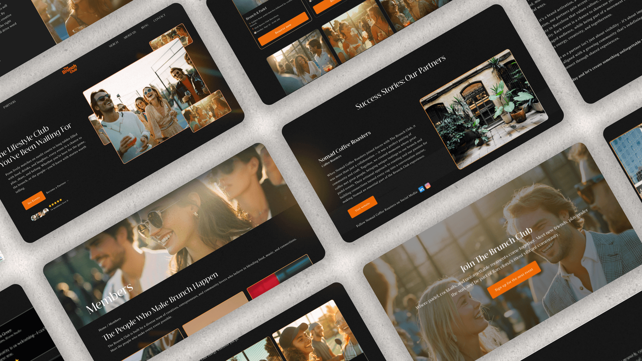 Multiple tablet screens showcasing The Brunch Club website design with lifestyle imagery and vibrant color palette