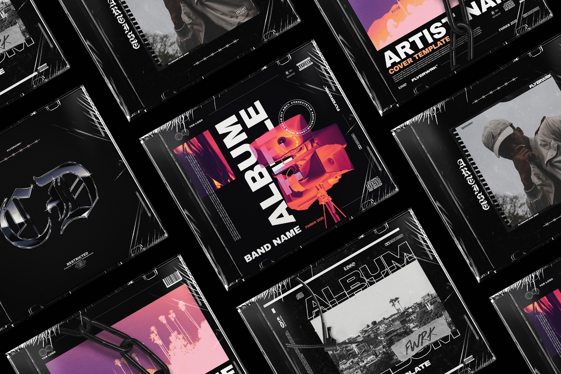 Collection of five different album cover design templates with bold artistic and parental advisory graphics