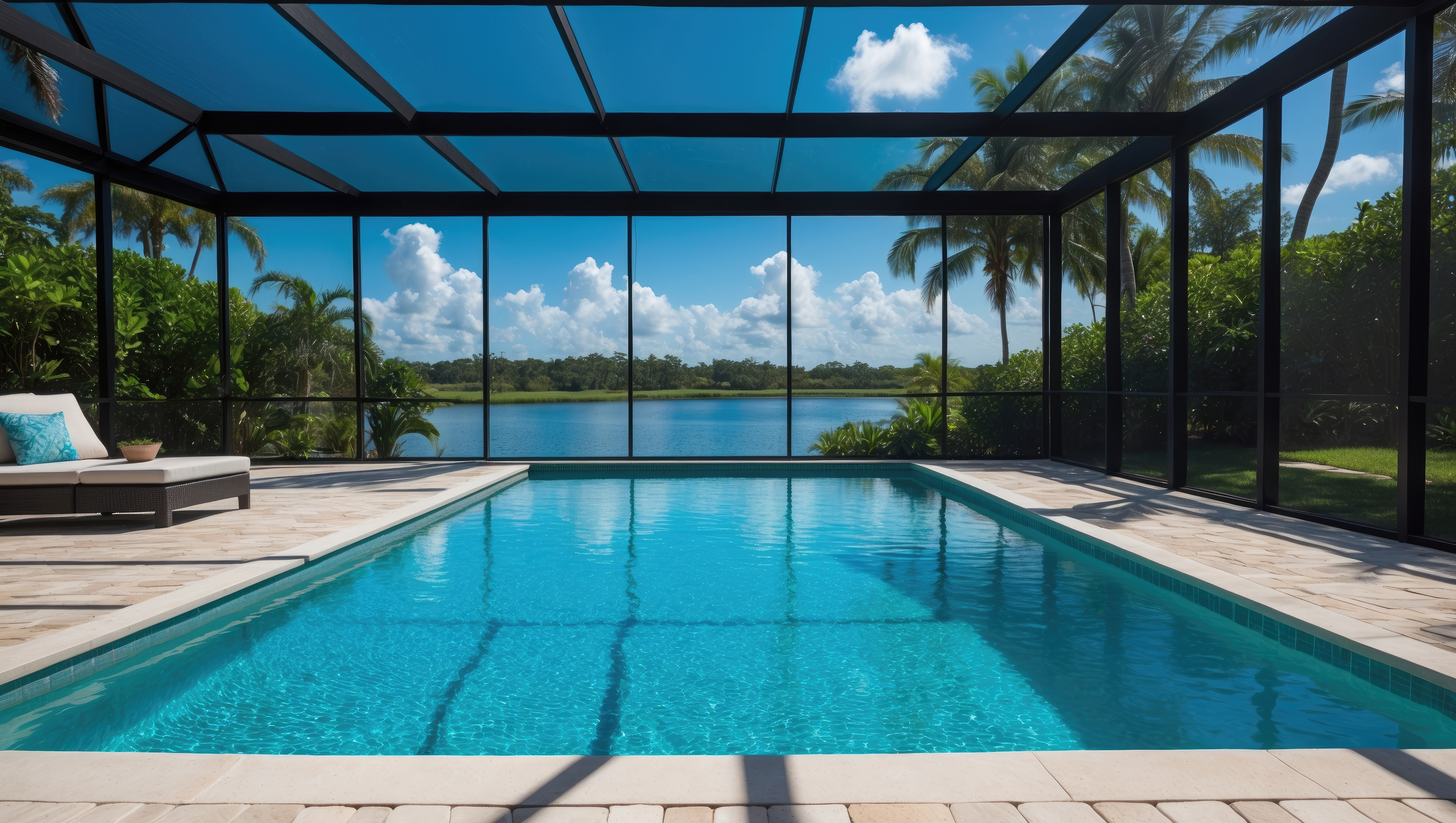 Screened-in pool enclosure in Tampa overlooking a lake with palm trees and blue sky, showcasing a freshly maintained lanai rescreen.