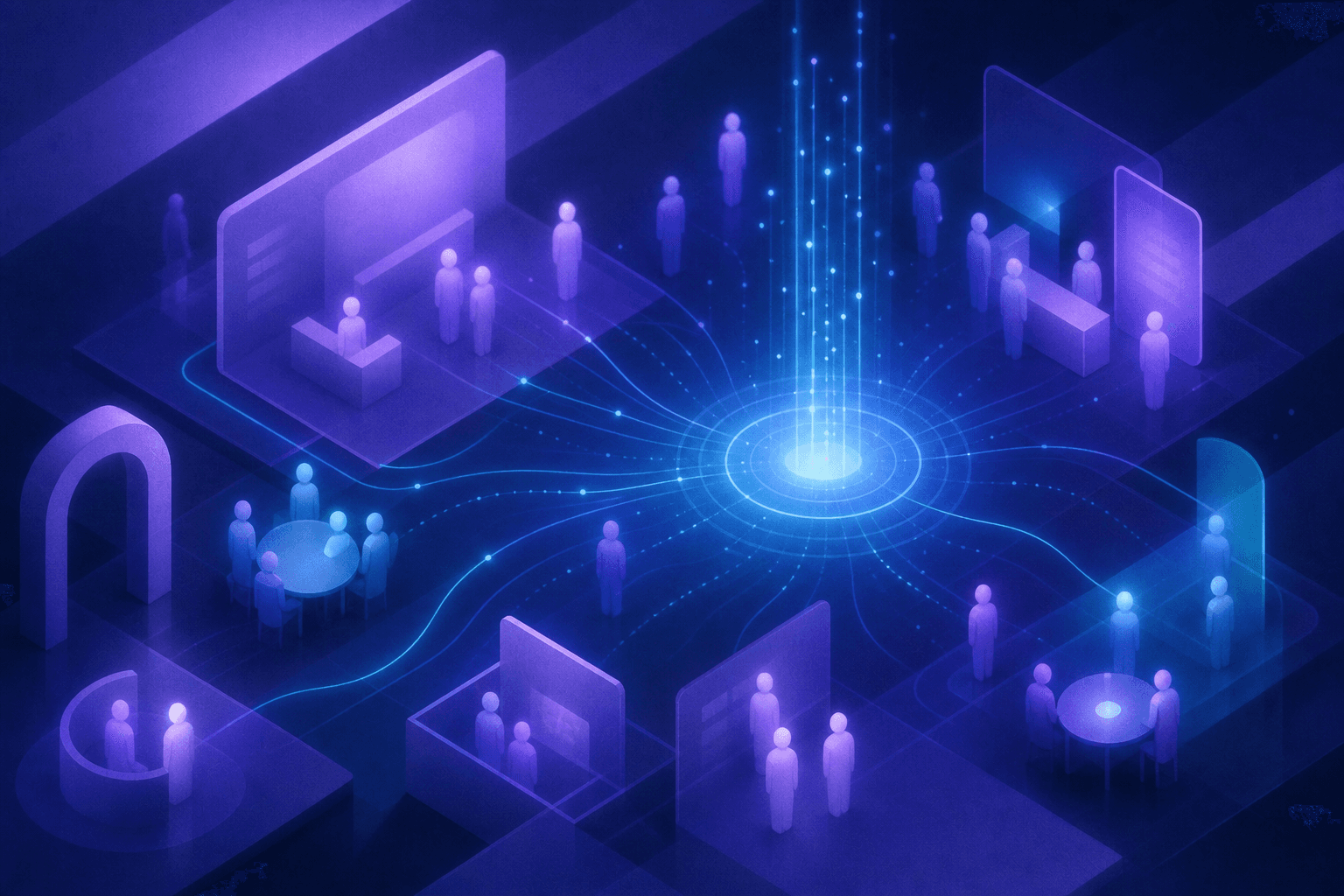 A futuristic illustration of a B2B conference networking scene viewed from above, showing abstract glowing figures at event booths and tables, with digital connection lines and data streams flowing between attendees and a central hub. Neon blue and teal tones on a dark background, geometric abstract style, modern technology aesthetic, no people faces visible, no text or labels.