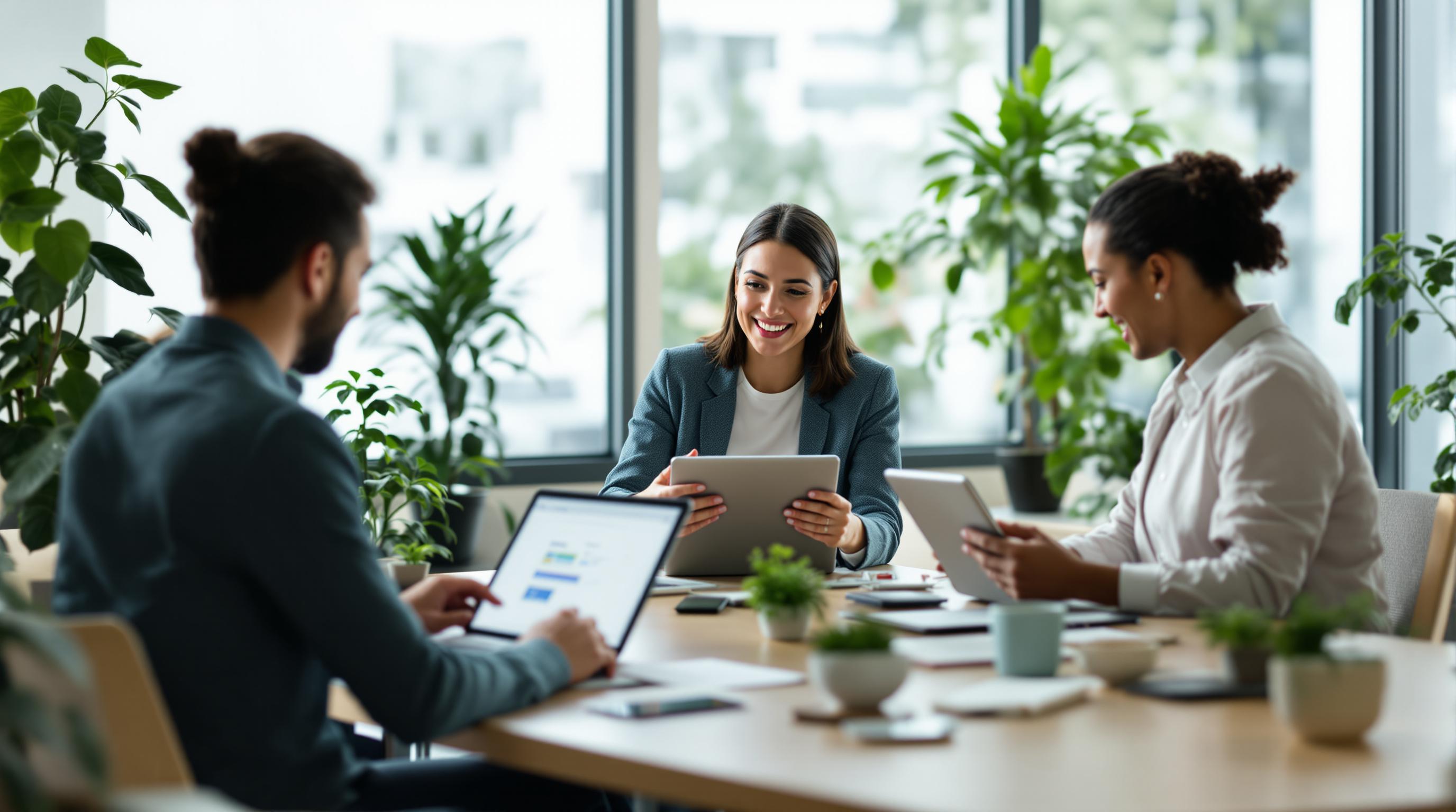 Group of professionals discussing information in an office with their devices at hand.