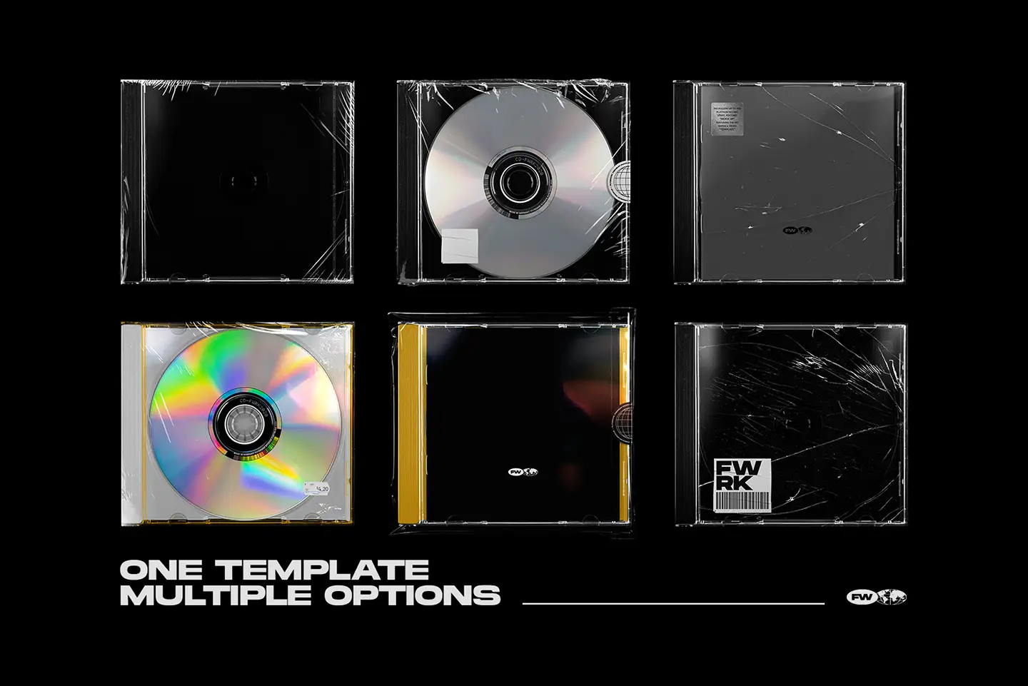 Classic CD jewel case mockup showing multiple case layouts and disc variations