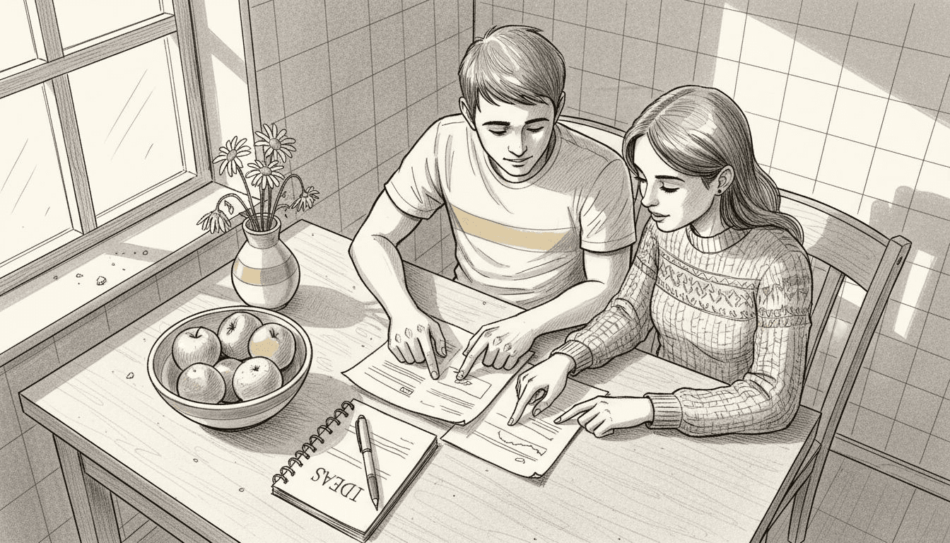 Una pareja conversa y se pone de acuerdo para organizar nuevas rutinas en la cocina.