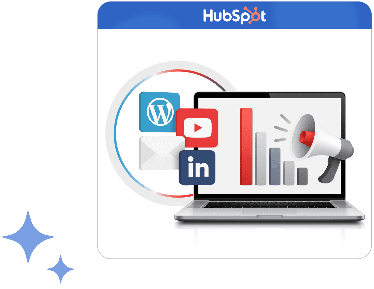 Laptop displaying marketing analytics with WordPress, YouTube, and LinkedIn icons and a megaphone.