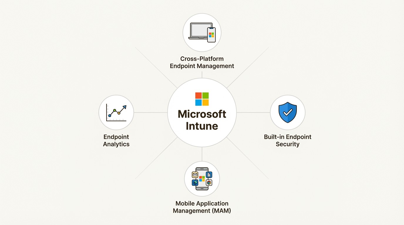 A visual breakdown of the key features that influence Microsoft Intune pricing, including endpoint management, security, and analytics.