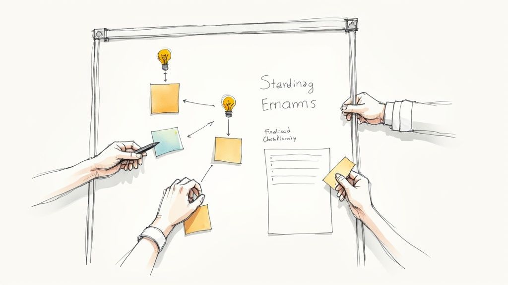 Multiple hands collaborate on a whiteboard, arranging sticky notes and connecting ideas for a checklist.