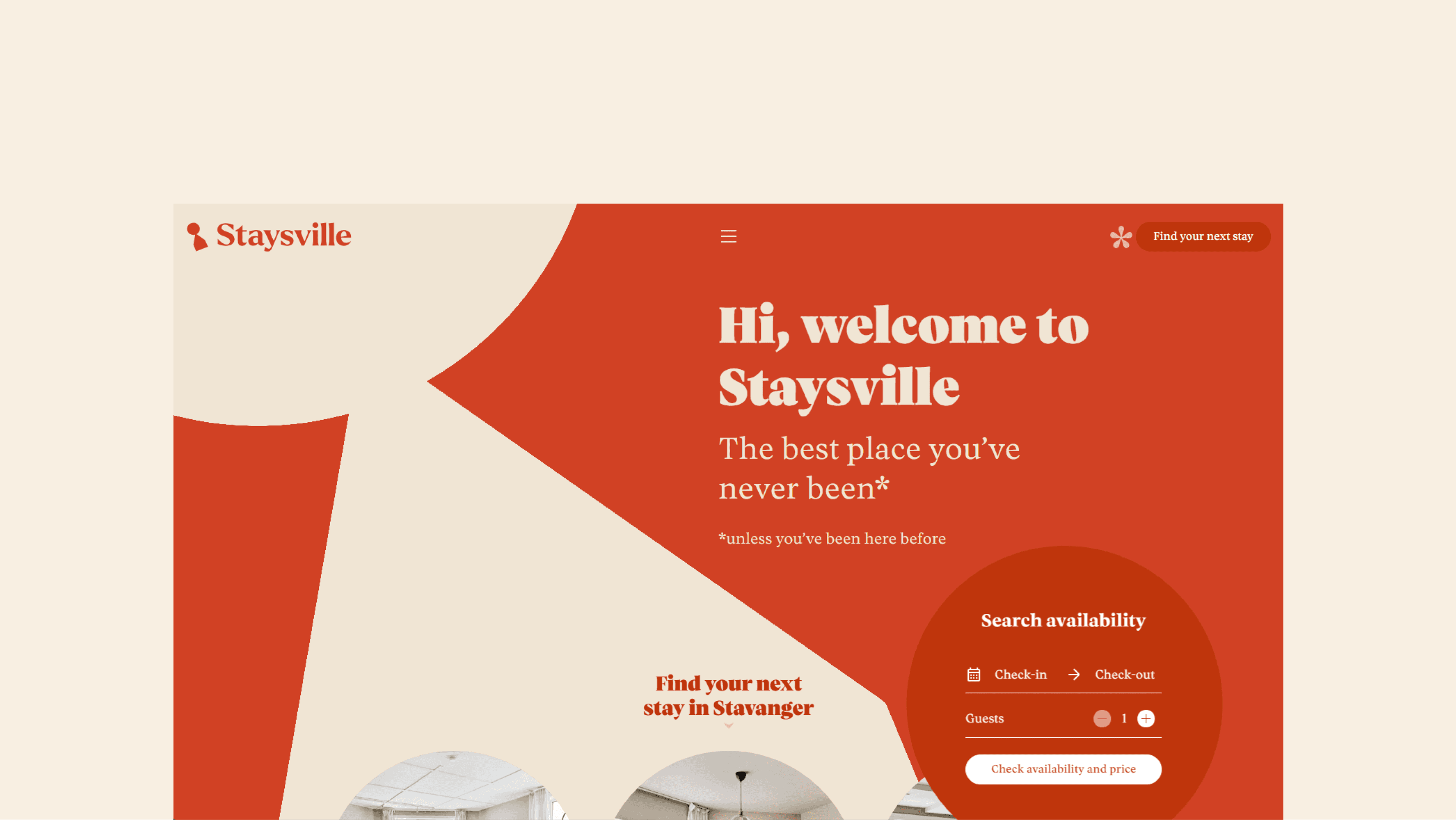 The frontpage of the Staysville webpage on a beige background.