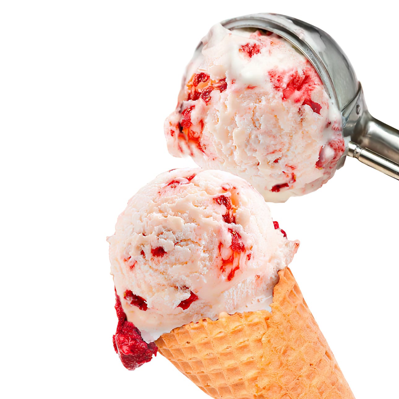 Two scoops of strawberry swirl ice cream in a waffle cone, one being served with a metal scoop