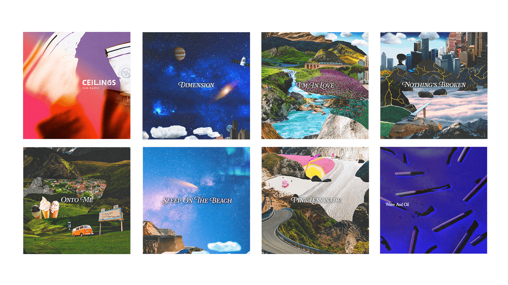 7 flat cover arts for sub-radio for their music - collaged artwork with bright colors