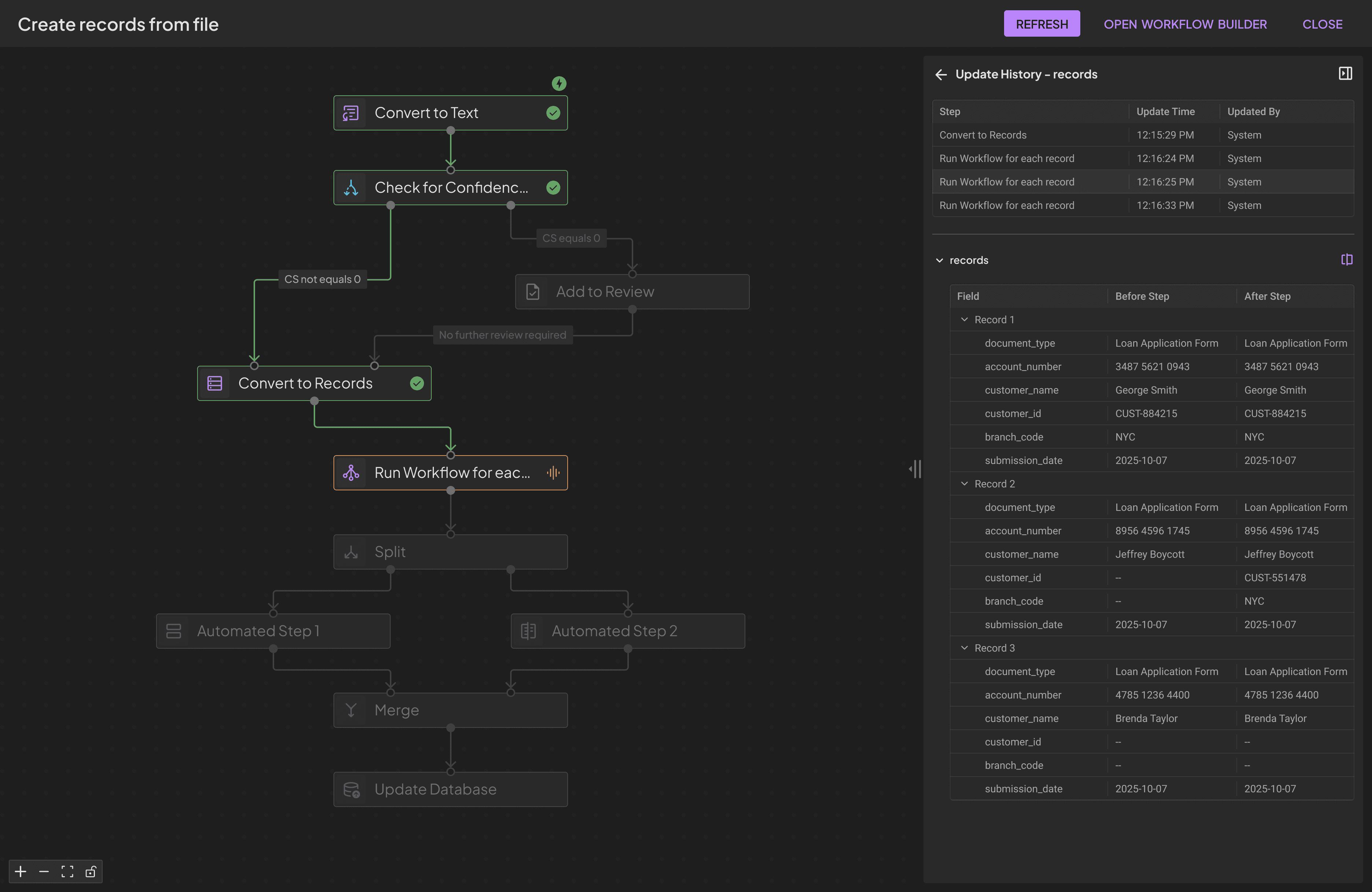 Workflow UI showing update history with before-and-after record values