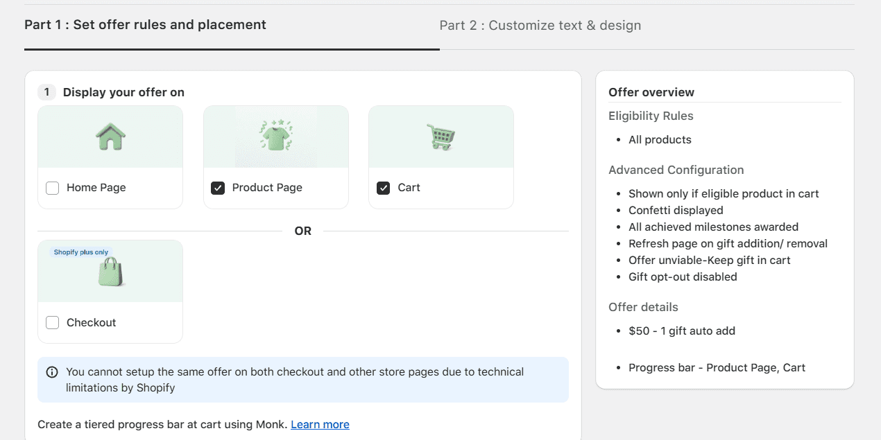 Set offer rules and placements for Free Gift based on Cart Value using Monk,