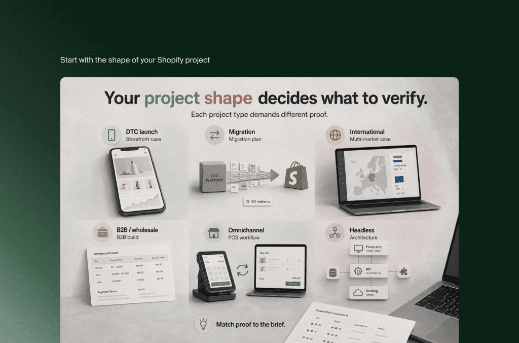 Sechs Shopify-Projekttypen von DTC-Launch und Migration bis B2B, Omnichannel und Headless, jeweils mit anderen Nachweisen