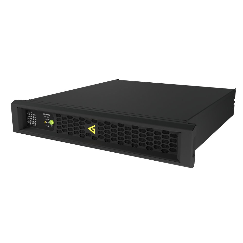 Black rackmount device with front panel indicators.