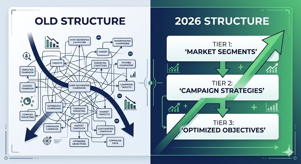 Old vs new Amazon PPC campaign structure comparison — fragmented micro-campaigns versus consolidated intent-based tiers