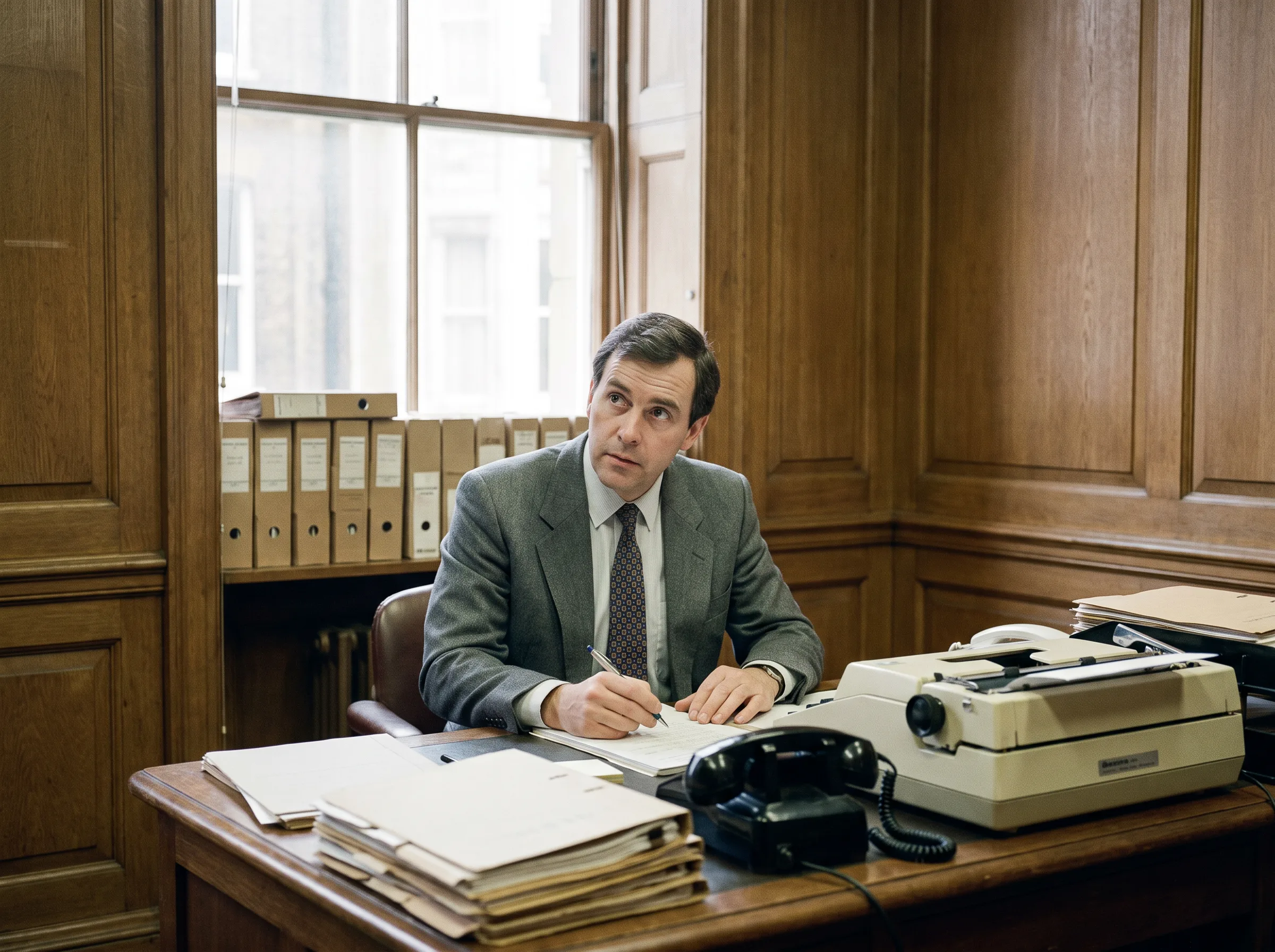 Archive photograph from 1988 of a solicitor at a wooden desk in the firm's first office