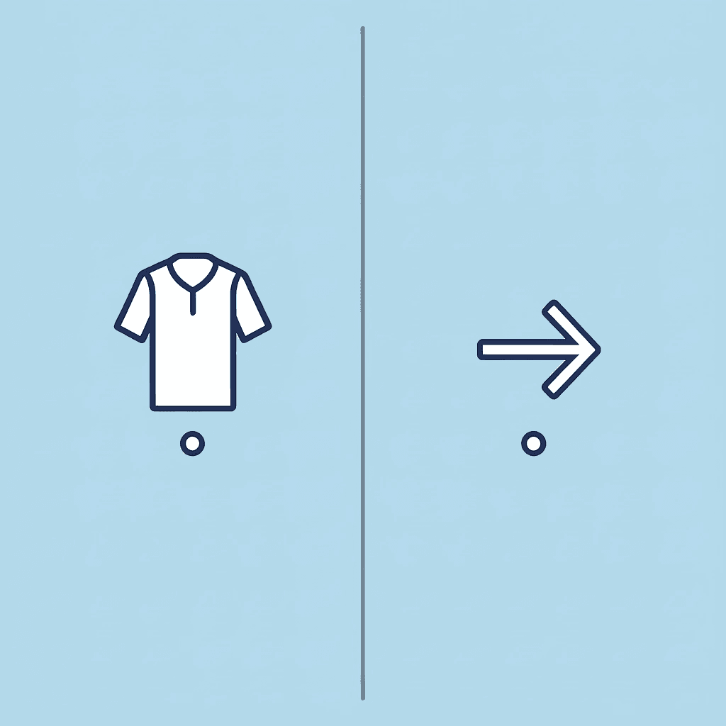 Side-by-side comparison showing a casual t-shirt on the left and a formal button-up shirt on the right