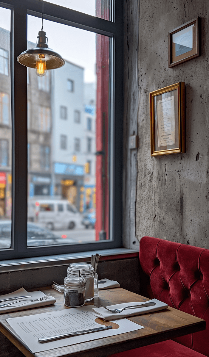 Cozy restaurant table with menu, cutlery, and window view.