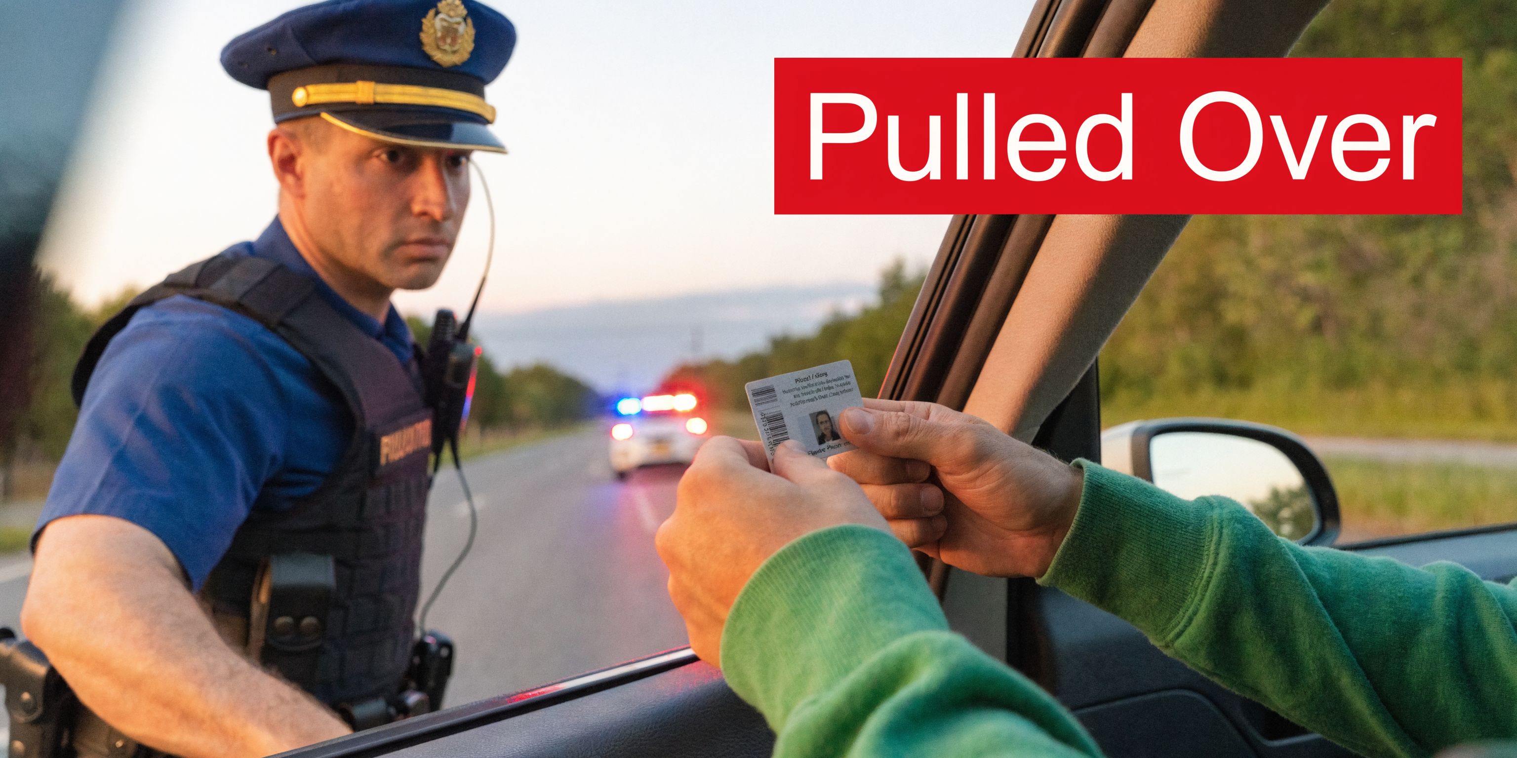 A police officer stands outside a car window receiving a driver's identification card from a motorist.