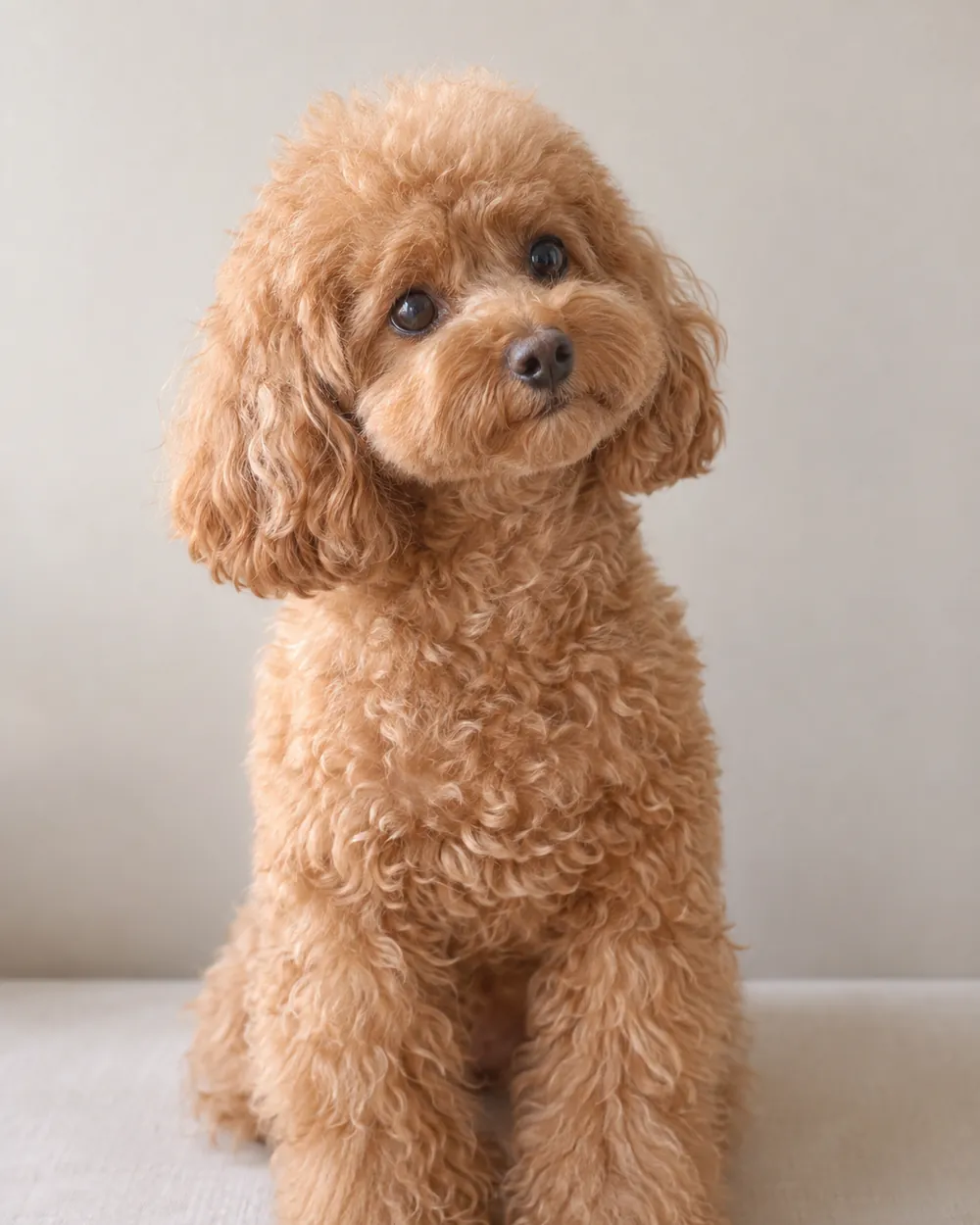 Apricot toy poodle with a rounded teddy-bear face, freshly groomed, against a grey wall