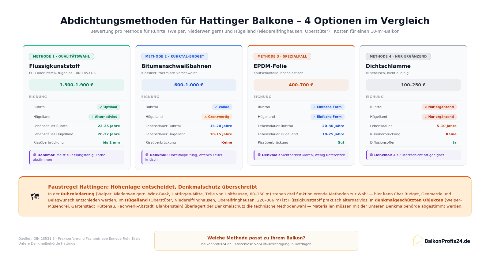 Infografik: Vier Abdichtungsmethoden für Hattinger Balkone im Vergleich – Flüssigkunststoff (1.300–1.900 €), Bitumen (600–1.000 €), EPDM-Folie (400–700 €), Dichtschlämme (100–250 €), jeweils mit getrennter Bewertung für Ruhrtal und Hügelland sowie Denkmalhinweis