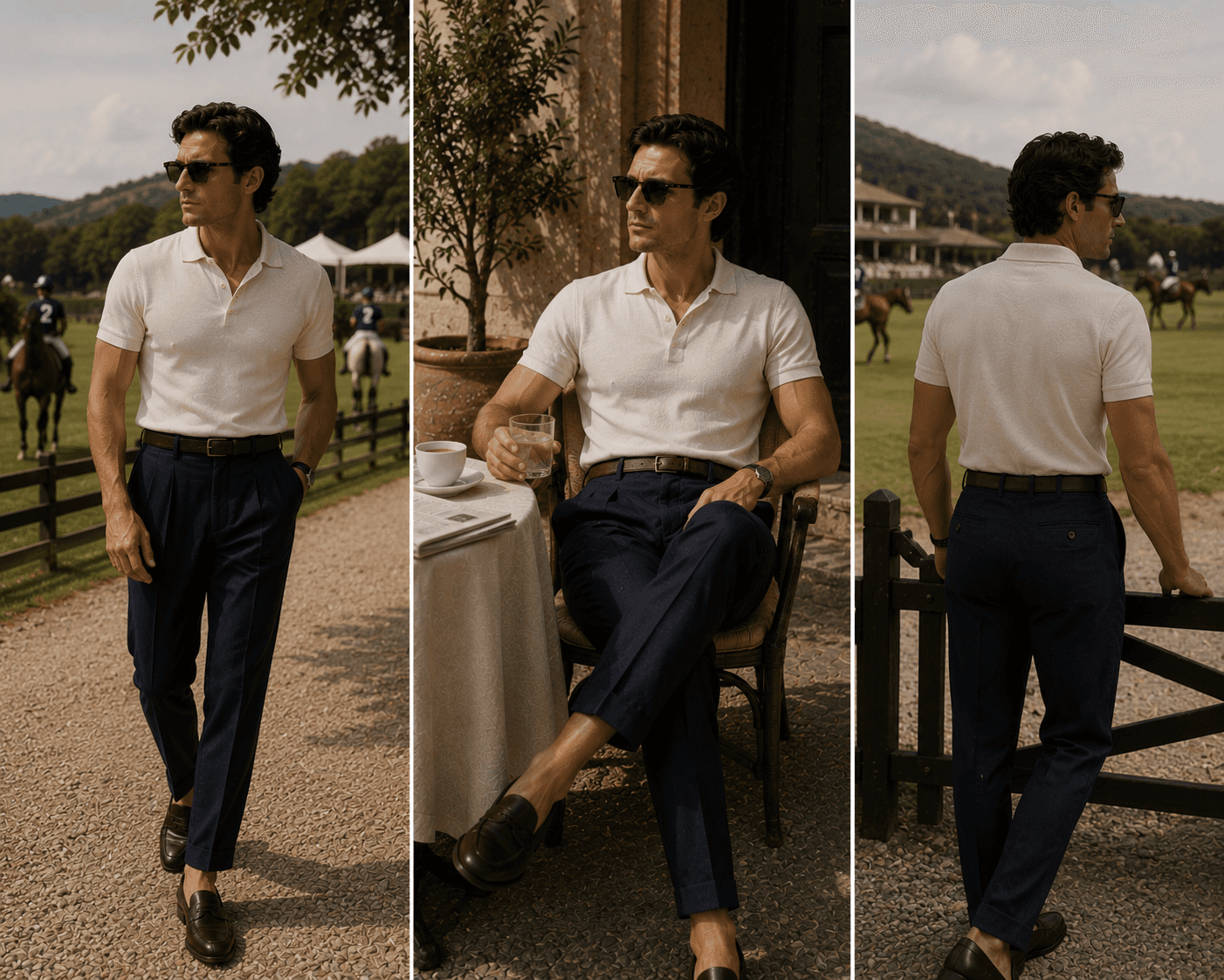 A three-panel full-body fashion lookbook featuring a stylish man in elegant casual attire at an equestrian polo club. He wears a short-sleeved off-white knit polo shirt, tailored high-waisted navy blue trousers, a dark brown leather belt, dark brown leather loafers, and dark sunglasses. The left panel shows him walking along a gravel pathway with polo horses and fields in the background. The middle panel shows him seated relaxed at a outdoor table holding a glass of water. The right panel shows a rear view leaning against a wooden paddock fence looking out over the polo match.