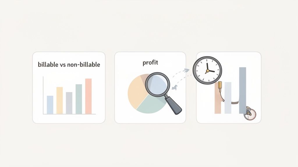 Visualizing billable vs non-billable hours, profit analysis, and time tracking for business insights.