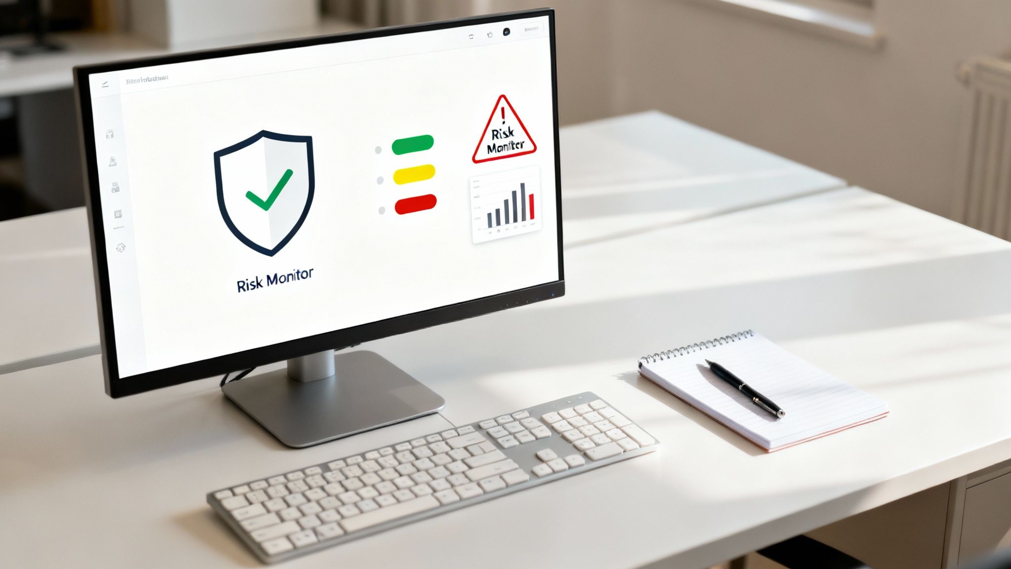 Computer monitor displaying a financial 'Risk Monitor' dashboard with status indicators and charts on an office desk.