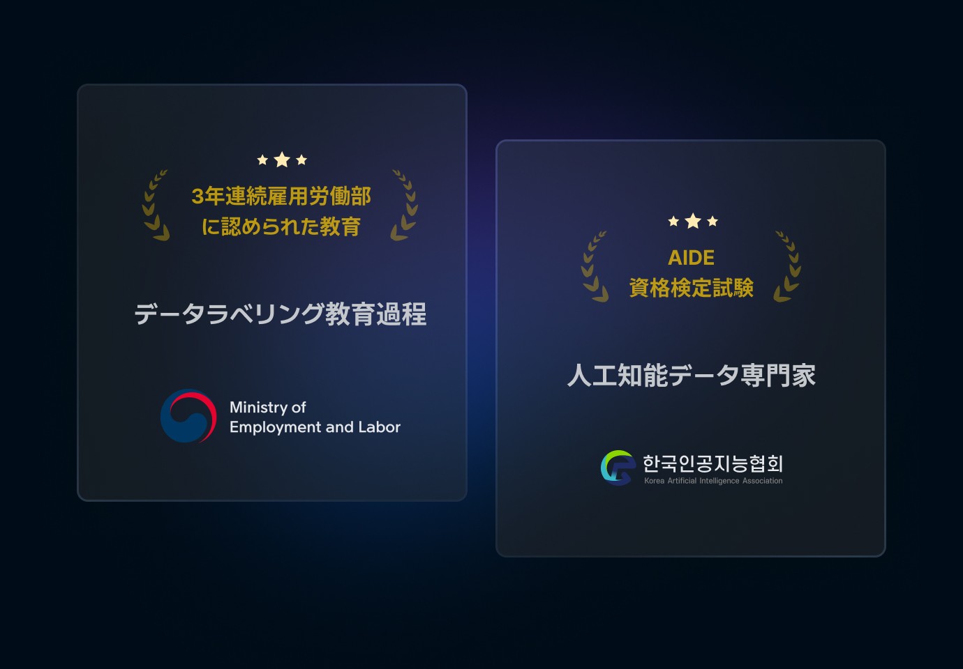 左側は雇用労働部認証の「データラベリング教育課程」を、右側は韓国人工知能協会認証の「人工知能データ専門家」課程を示す画像で、それぞれのロゴが入った画像です。