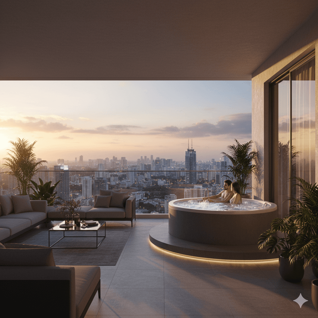 Private deck with Jacuzzi in penthouse unit, Smart World The Edition, Gurgaon