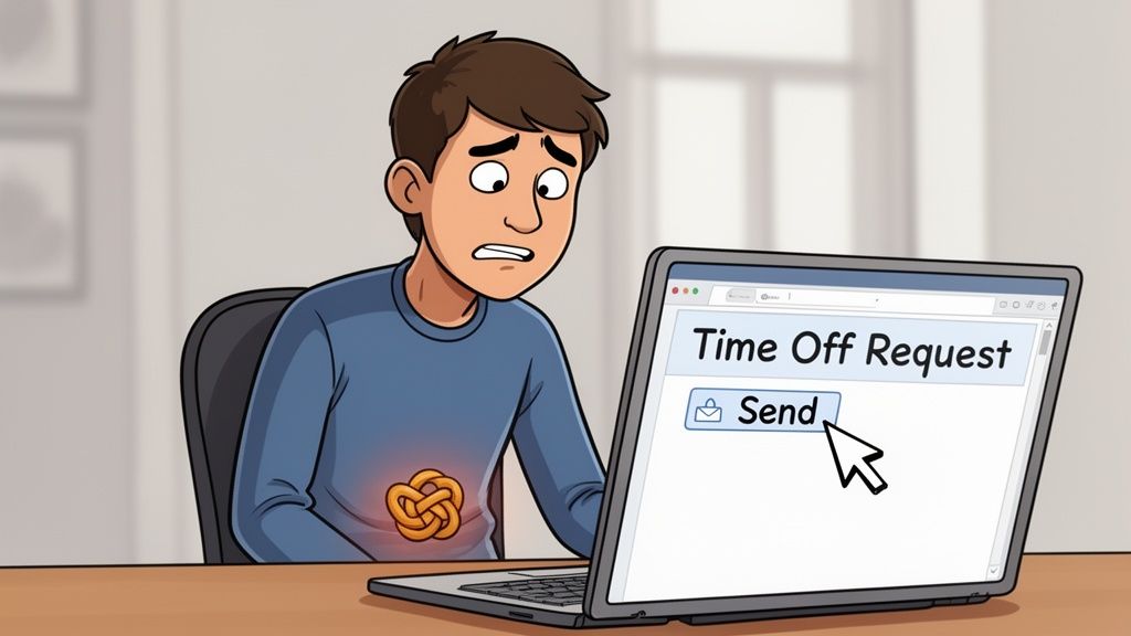 An anxious employee sitting at a desk with a laptop, hesitating to send a time off request.