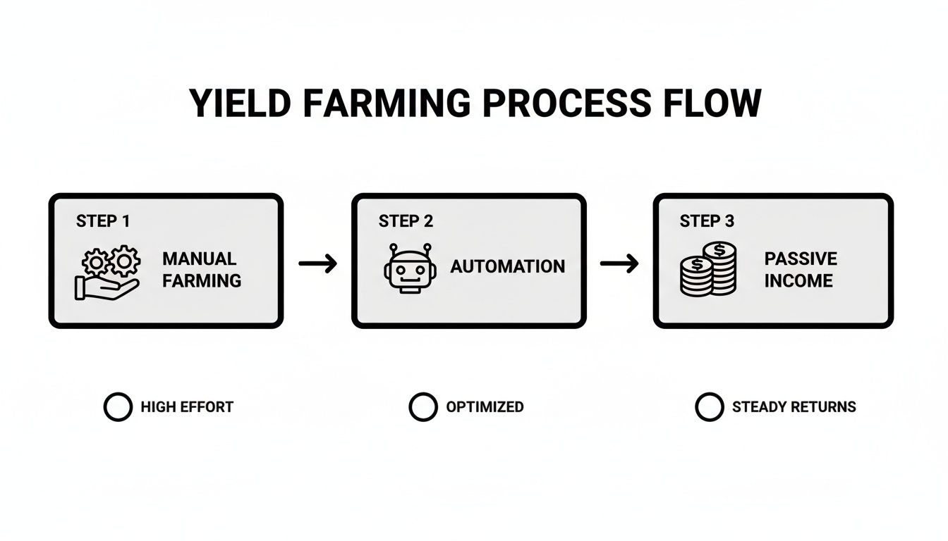 Diagram illustrating yield farming process from high effort manual farming to automated passive income.