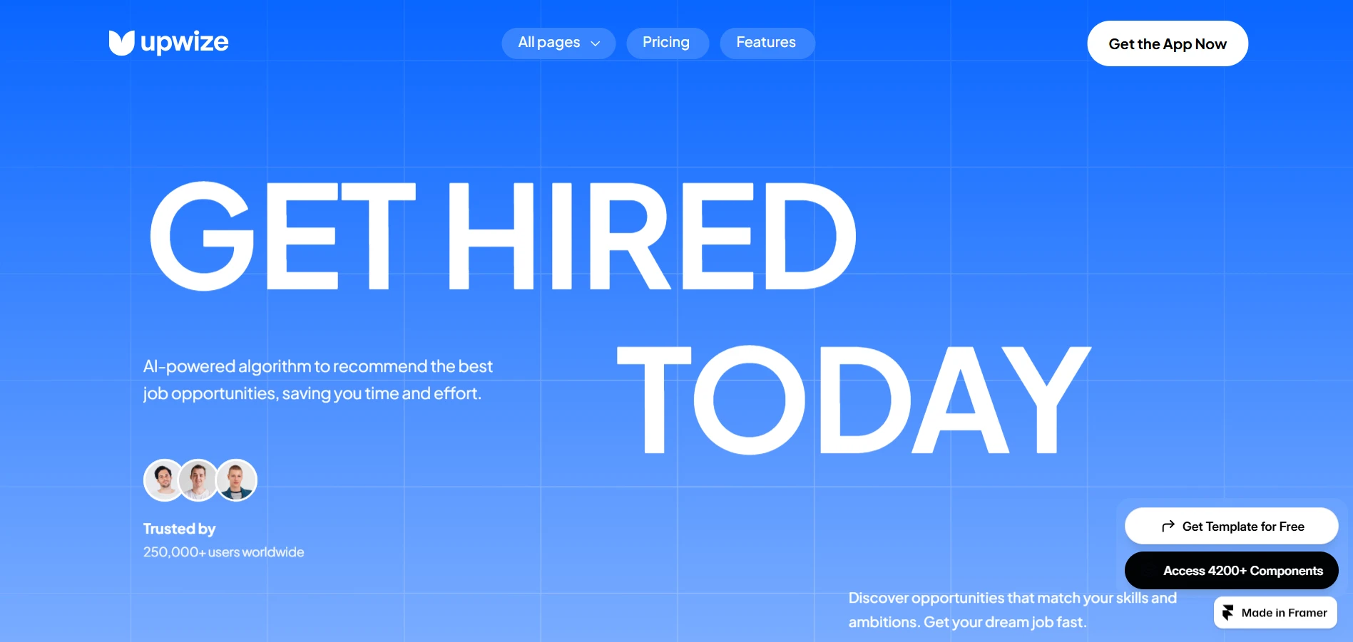 Homepage of the Upwize landing page template